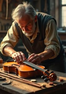 Old man doing maintenance on violin