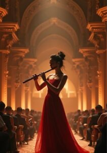 woman in red playing flute