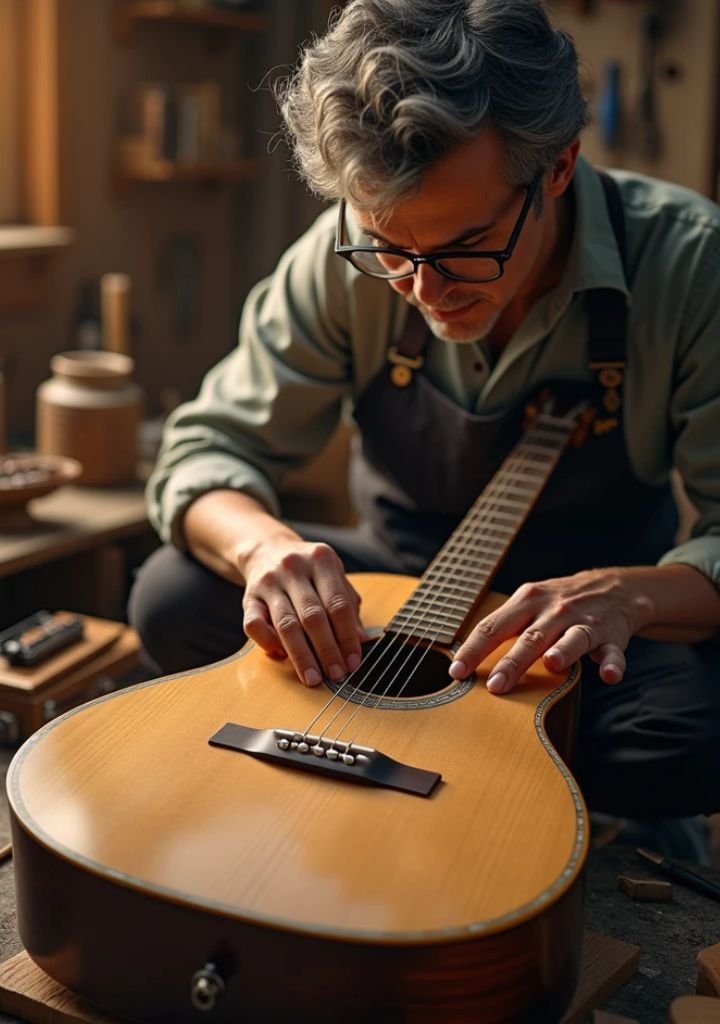 Man cleaning the strings of the instrument