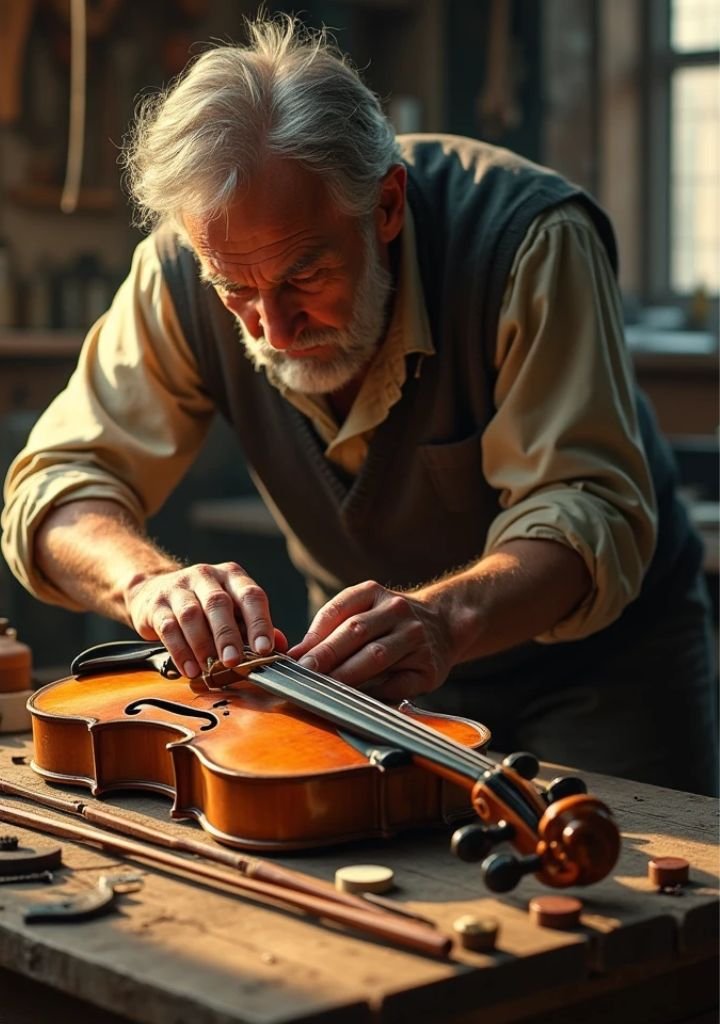 Old man doing maintenance on violin