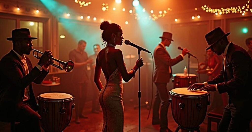 Woman singing with men playing congas